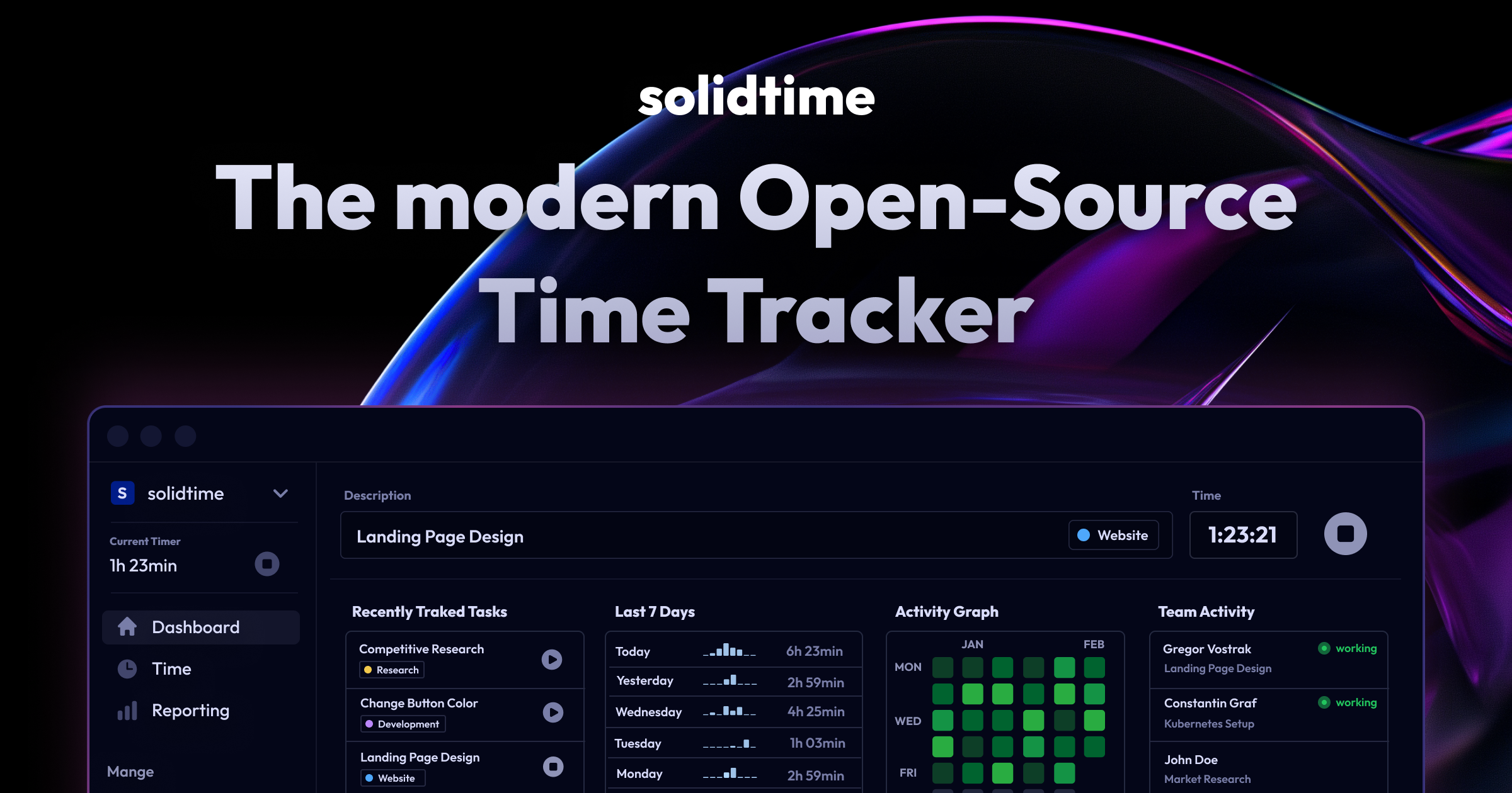 solidtime Banner Screenshot of the solidtime application with header: solidtime - The modern Open-Source Time Tracker